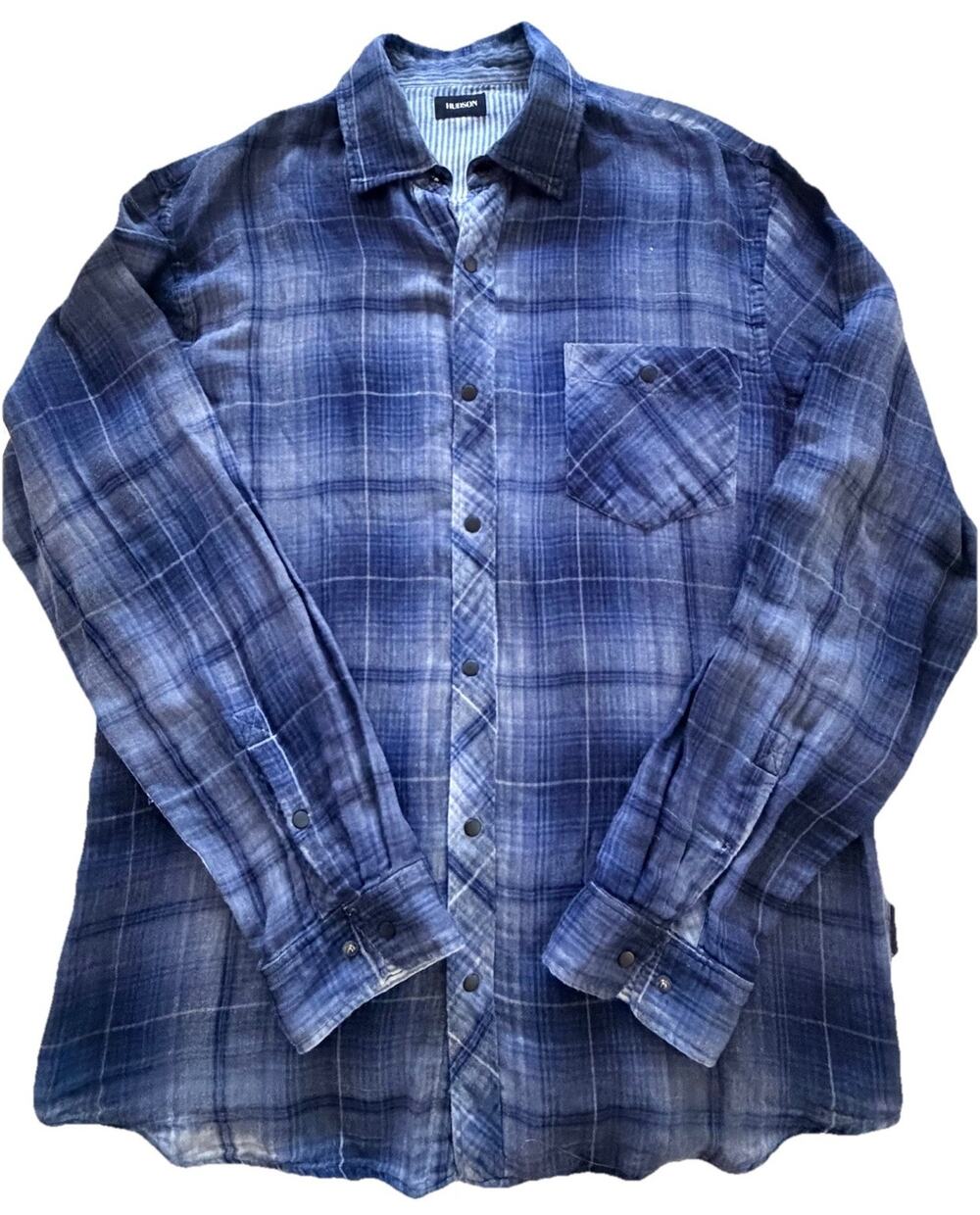 HUDSON Mens Weston Blue Plaid Wrinkled Snap Button Front Shirt L $185